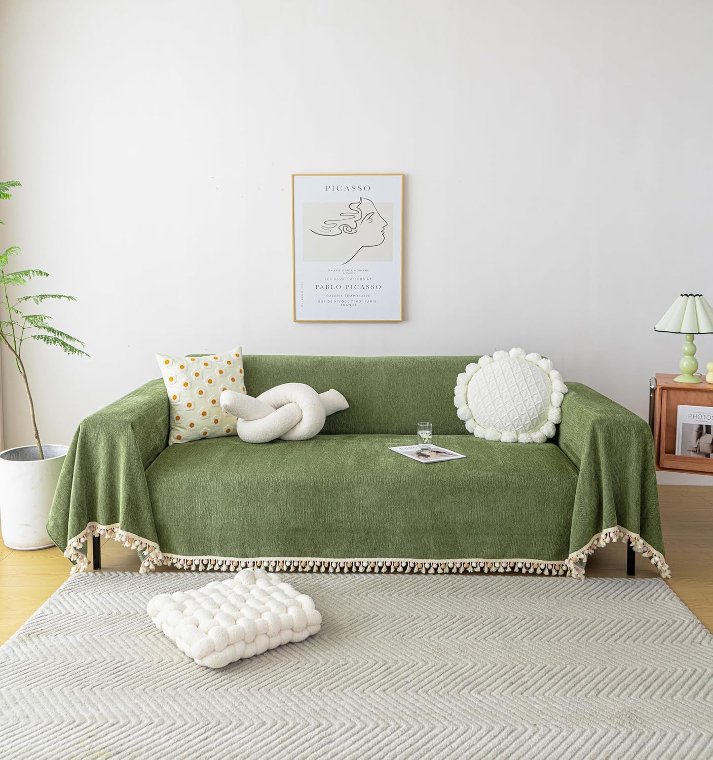 HANDONTIME Green Sofa Cover Vintage Couch Cover for Dogs 91" X118" Couch Cushion Covers with Tassel Herringbone Sofa Cover Boho Sofa Covers for 3 Cushion Couch Chenille Soft Loveseat Sofa Covers