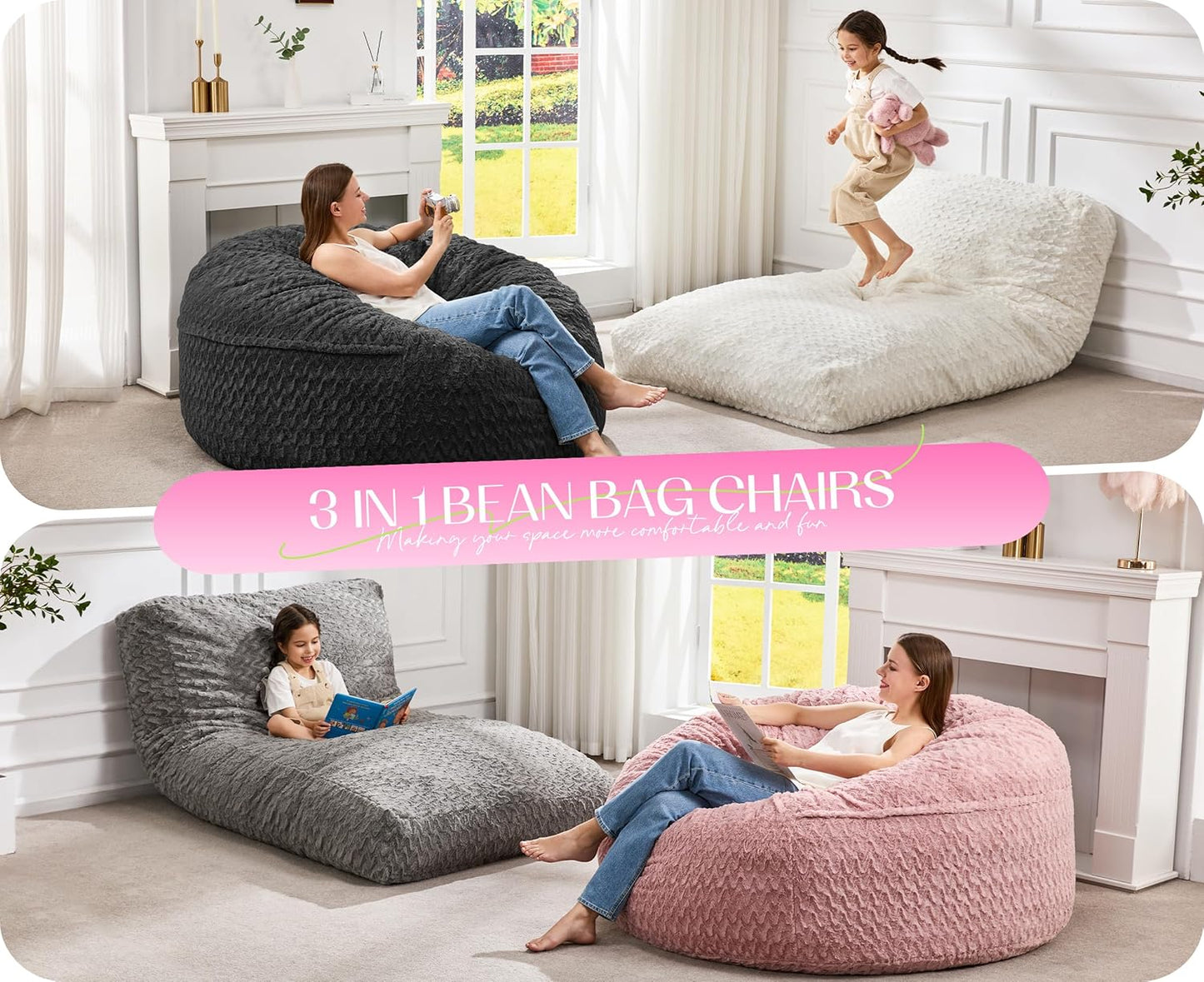 Hobestluk Bean Bag Chair Convertible Beanbag Chairs for Adults, 3 in 1 Bean Bags with Plush Chevron Cover, Adult Bean Bag Chair for Living Room, Bedroom (Pink, Twin)