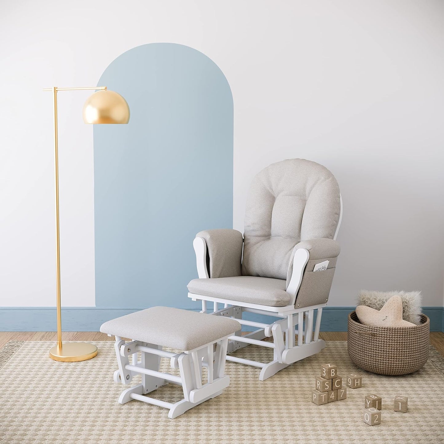 Storkcraft Premium Hoop Glider & Ottoman (White/Taupe Swirl) — GREENGUARD Gold Certified Nursery Glider, Solid Wood Craftsmanship, Smooth-Gliding Nursery Chair and Ottoman, Award-Winning