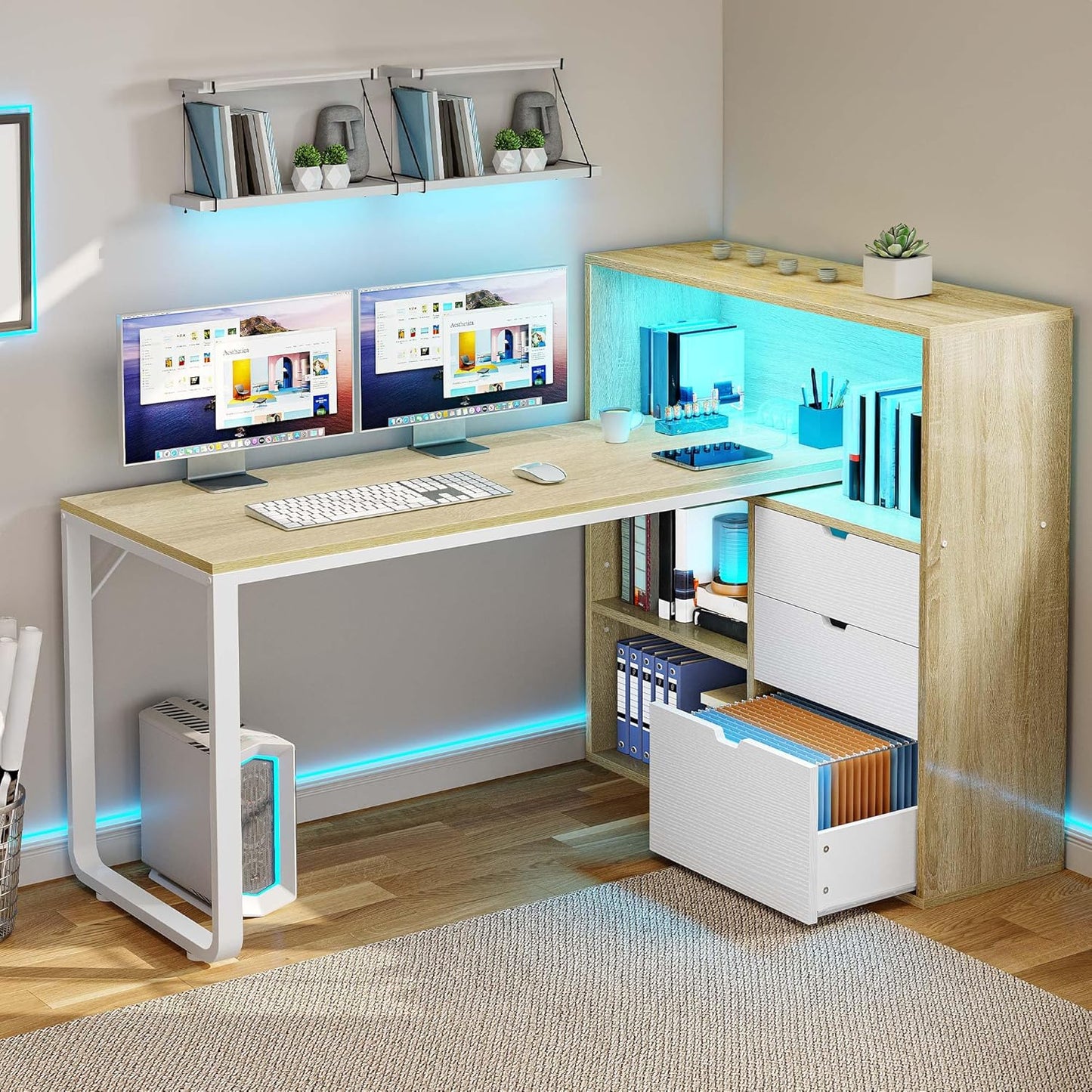 DWVO L Shaped Desk with Drawers, 55" Corner Computer Desk with Bookshelf & Power Outlets & LED Lights, Home Office Desk with Storage Shelves, Oak & White