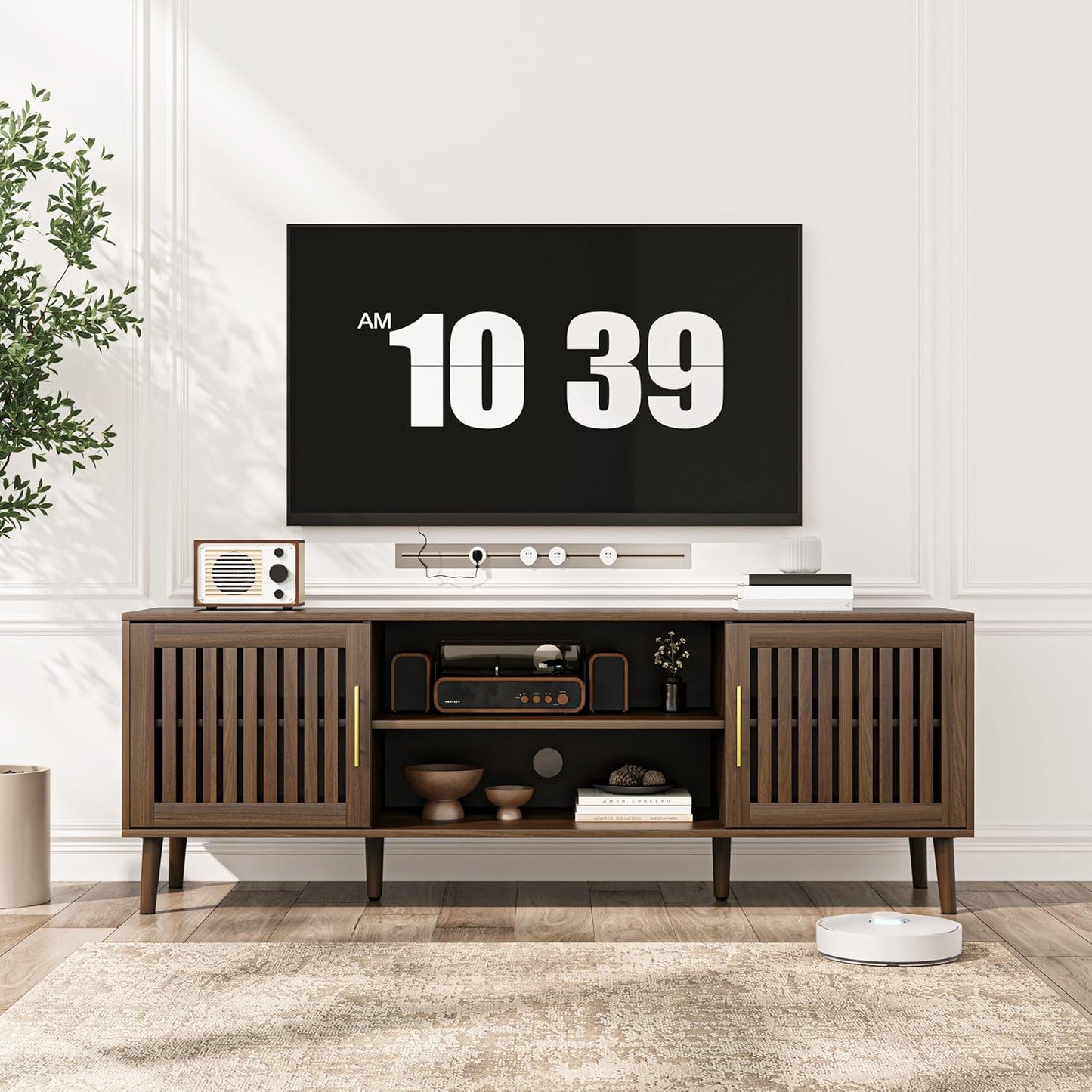 Smuxee Walnut TV Stand with Grille Striped Design, 62.99" Mid Century Modern TV Media Console for TVs up to 70", TV Cabinet with Adjustable Shelf & 2 Cabinets for Living Room