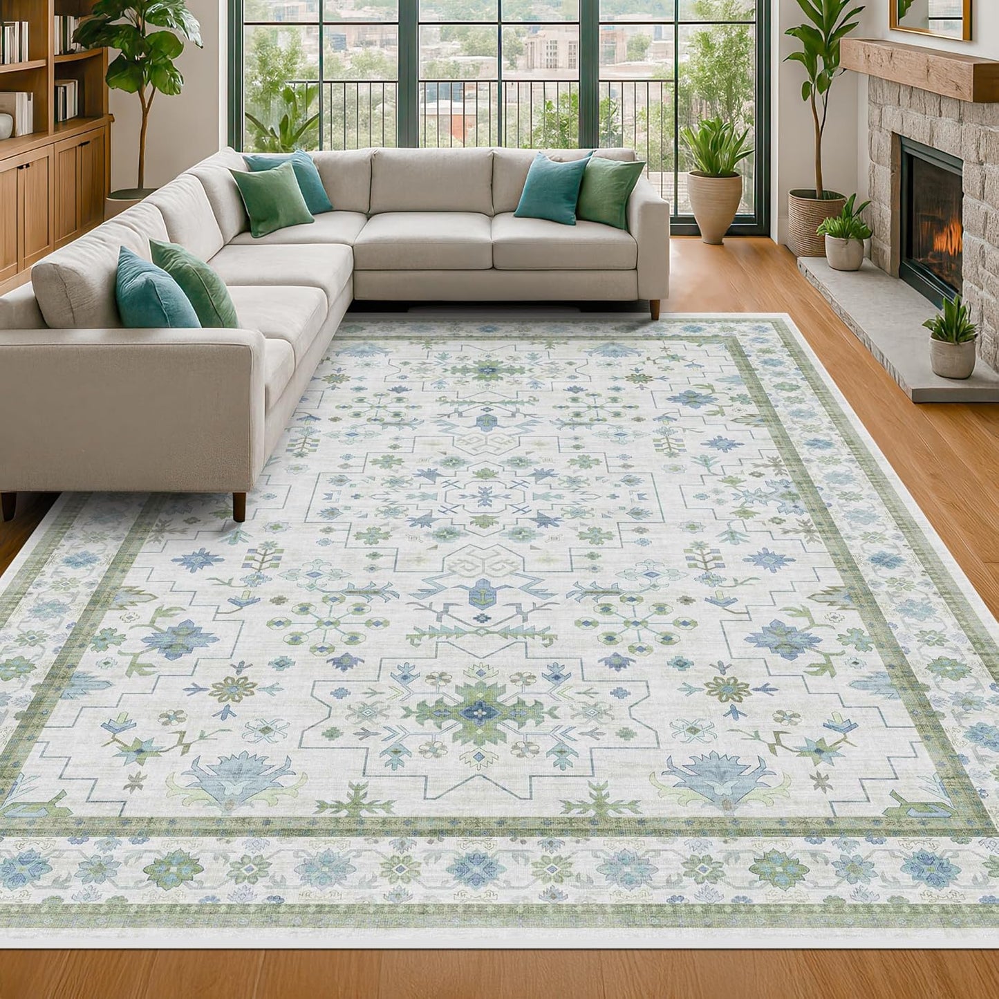 Washable Rugs for Living Room 10x12 - Cream Blue and Green Oriental Floral Geometric, Low Pile Non Slip Extra Large Area Rug for Dining Under Table, Bedroom, Lounge