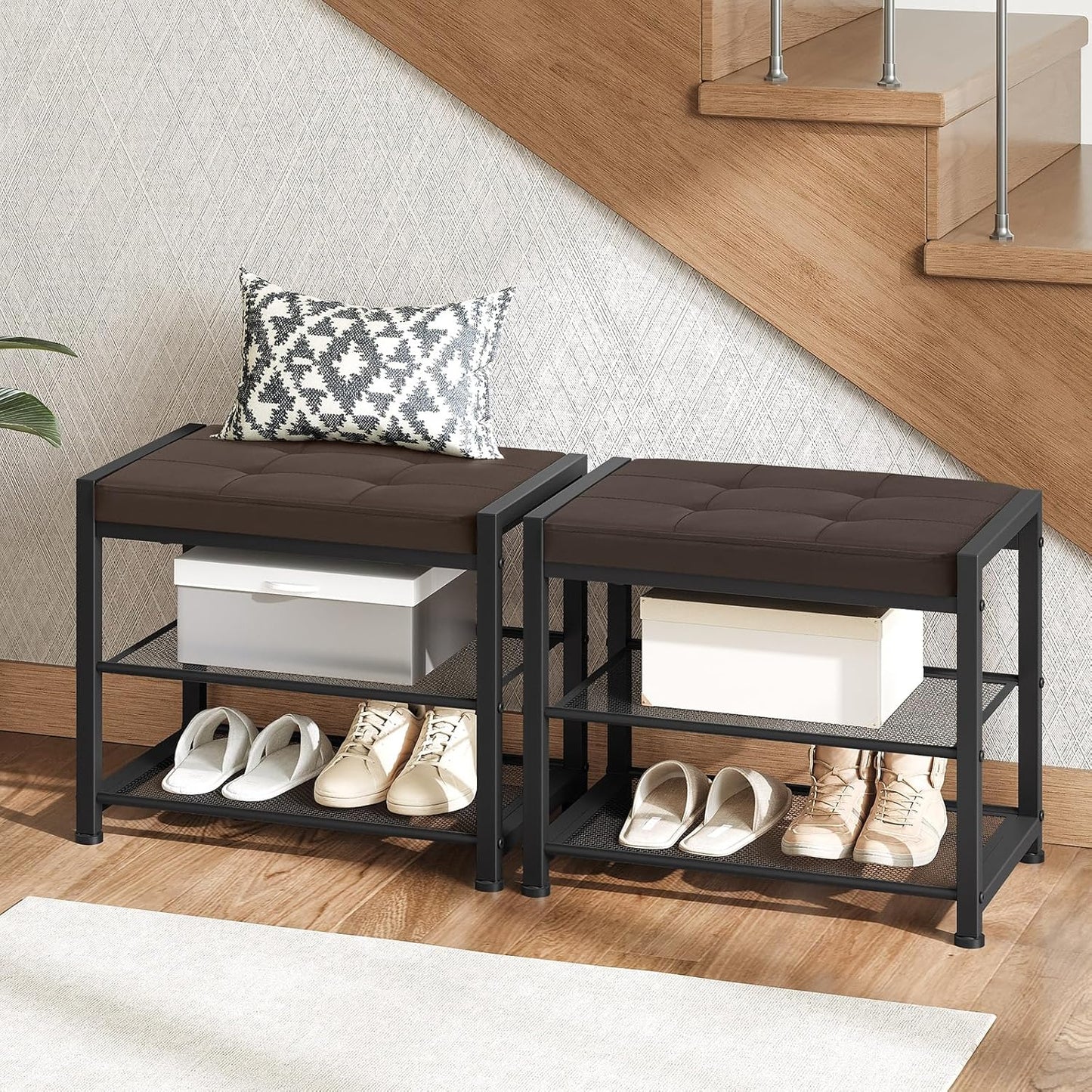 HOOBRO Small Shoe Bench, 3-Tier Shoe Rack, Shoe Storage Bench with PU Seat Cushion, Entryway Shoe Rack Bench with Metal Mesh Shelves, Freestanding Shoe Organizer for Hallway, Brown CB33HX01