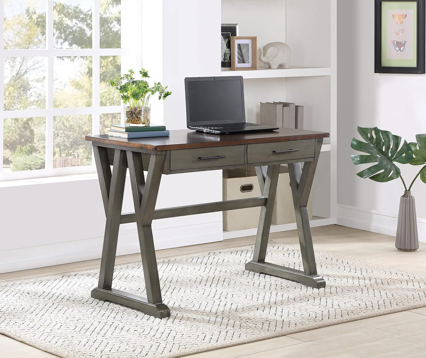 OSP Home Furnishings Jericho Rustic 42 Inch Writing Desk with 2 Drawers and Burnished Decorative Hardware, Slate Gray