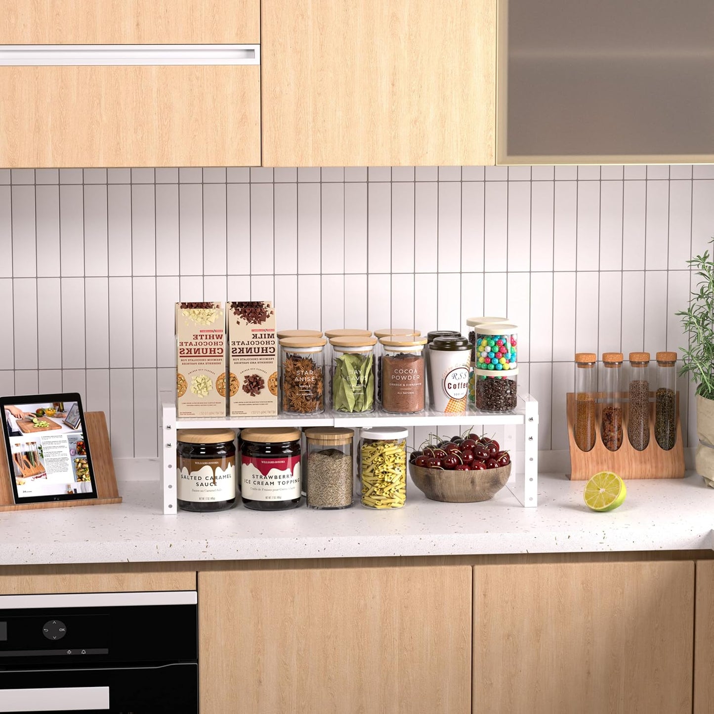 Expandable Stackable Aadjustable Shoe Rack Pantry Shelf for Kitchen Cabinets Counter Shelves Countertop Cupboard Storage Solution,Sturdy Heavy-Duty Metal Construction(1Pack/White/Large)