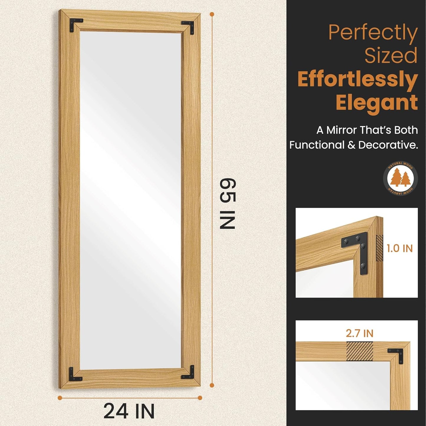 Full Length Mirror with Wooden Frame, 65"X24" Solid Wood Standing Floor Mirror for Farmhouse, Bathroom, Bedroom, Hanging or Leaning Wall-Mounted(Natural)