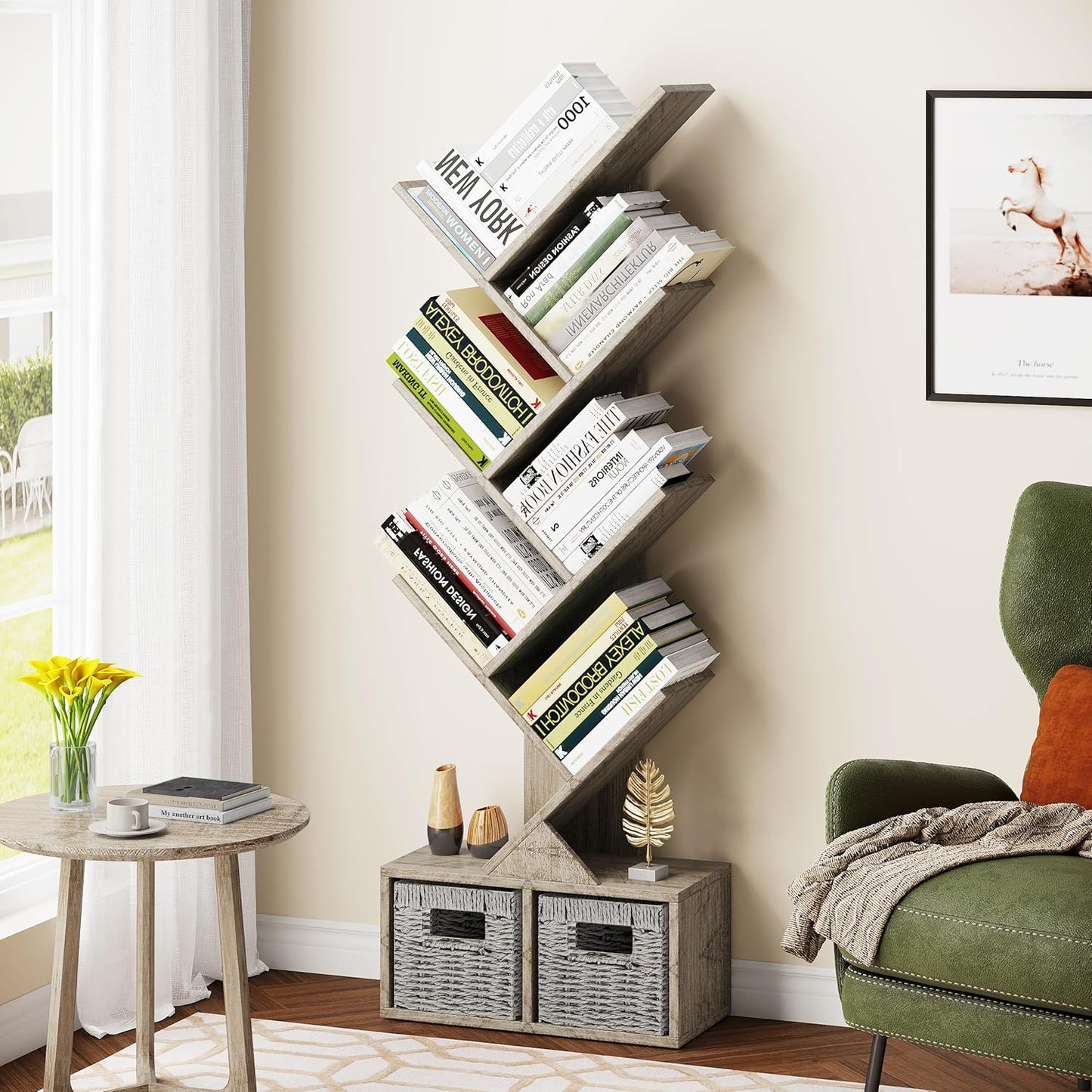 Vagusicc 6 Tier Tree Bookshelf, Small Bookcase with Storage Cabinet, Modern Tall Narrow Bookshelves Organizer, Floor Standing Book Shelf for Bedroom/Living Room/Home Office/Corner, Rustic Greige