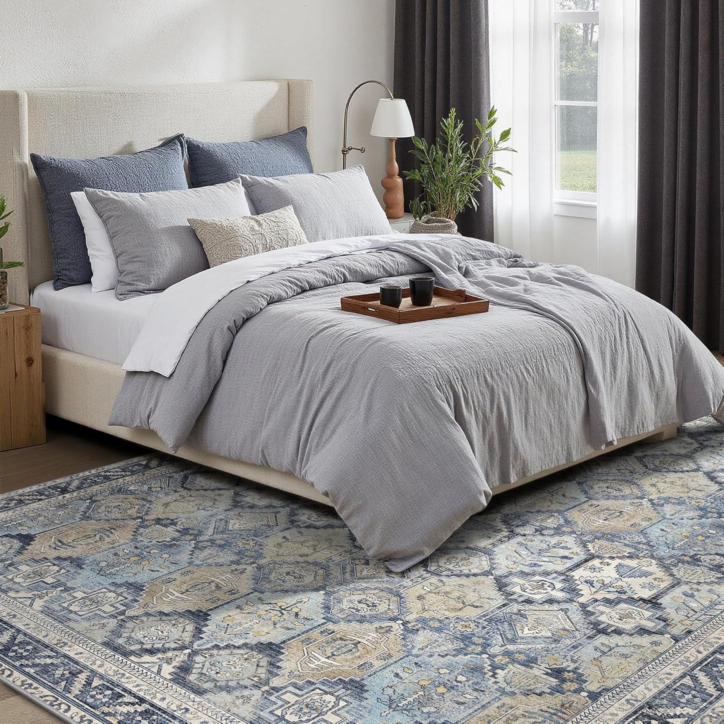 GENIMO 5x7 Area Rugs for Living Room, Machine Washable Non Slip Vintage Rugs, Low Pile Lightweight Chenille Print Rug for Bedroom, Dining Room, Home Office, Brown Blue