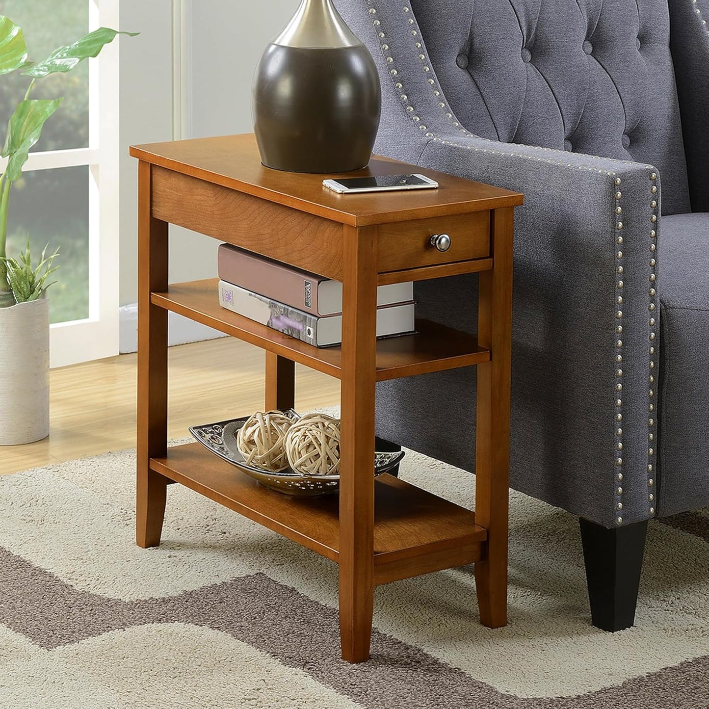 Convenience Concepts American Heritage Chairside End Table with Drawer 23.5" - Classic Living Room Table with Storage Shelf, Bedroom Nightstand, Light Walnut