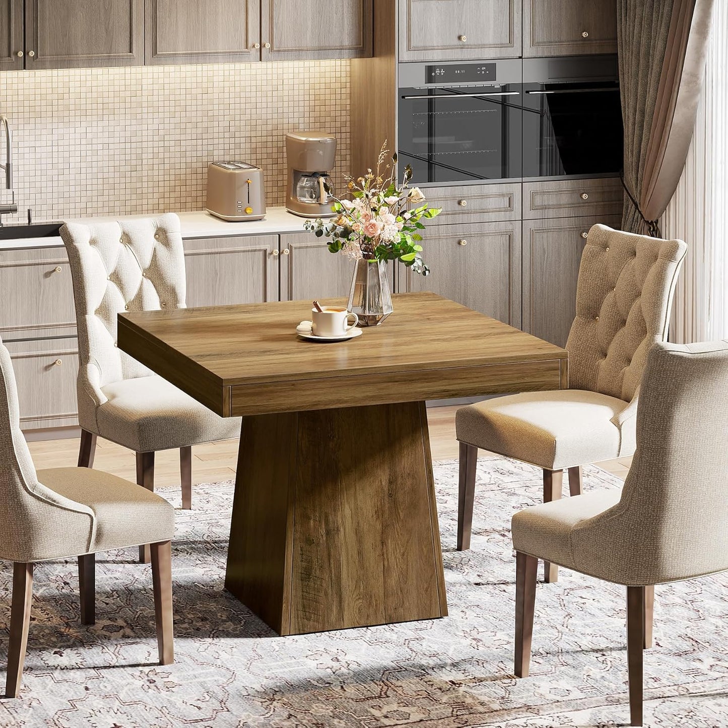 Tribesigns Square Dining Table for 4, 31.5-Inch Small Kitchen Table with Sturdy Pedestal Base, Farmhouse Dinner Table for Dining Room, Living Room, Kitchen (Brown)