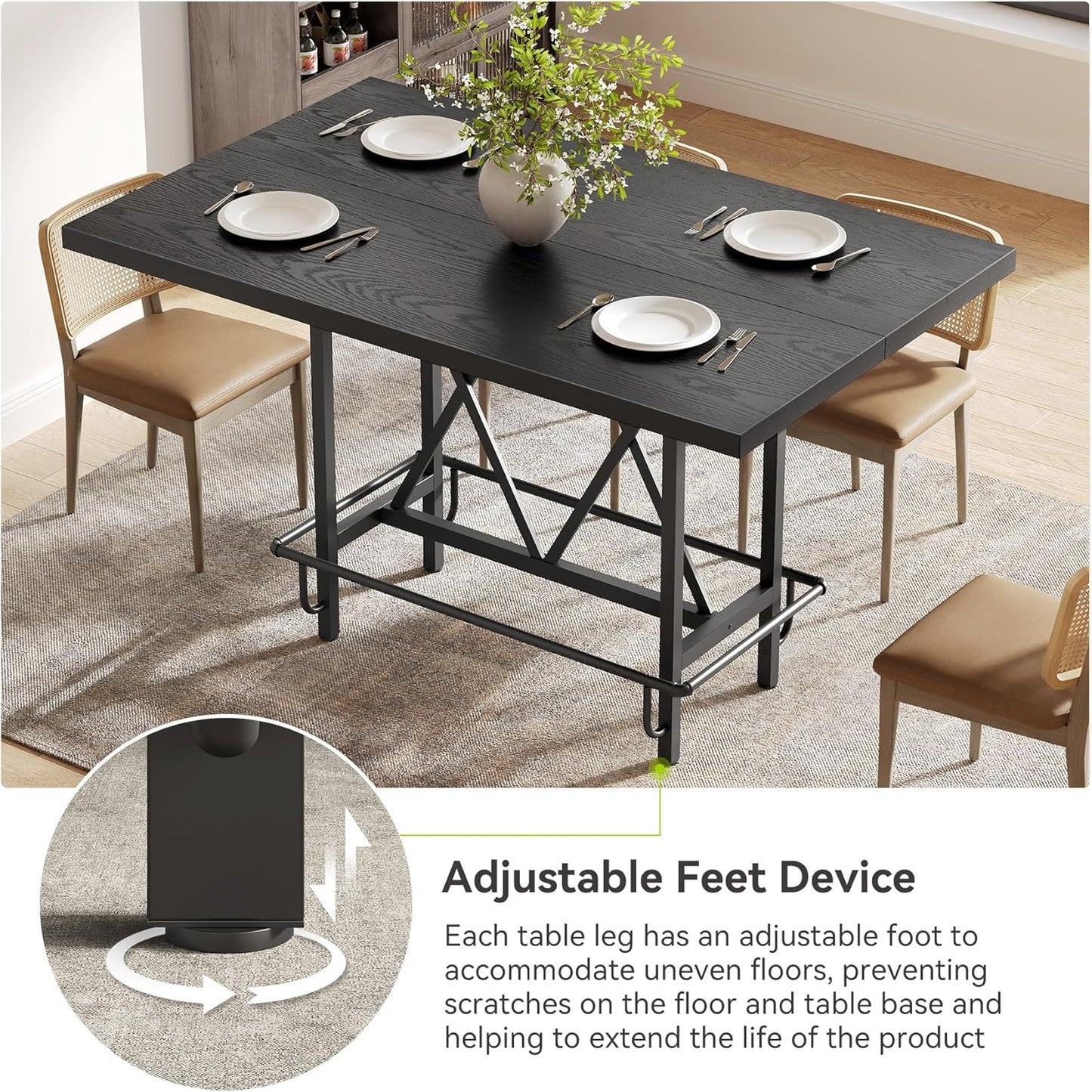 LITTLE TREE 63-Inch Industrial Bar Table with Metal Footrest, Counter Height Pub Table for Kitchen, Home Bar & Entertaining (Black)