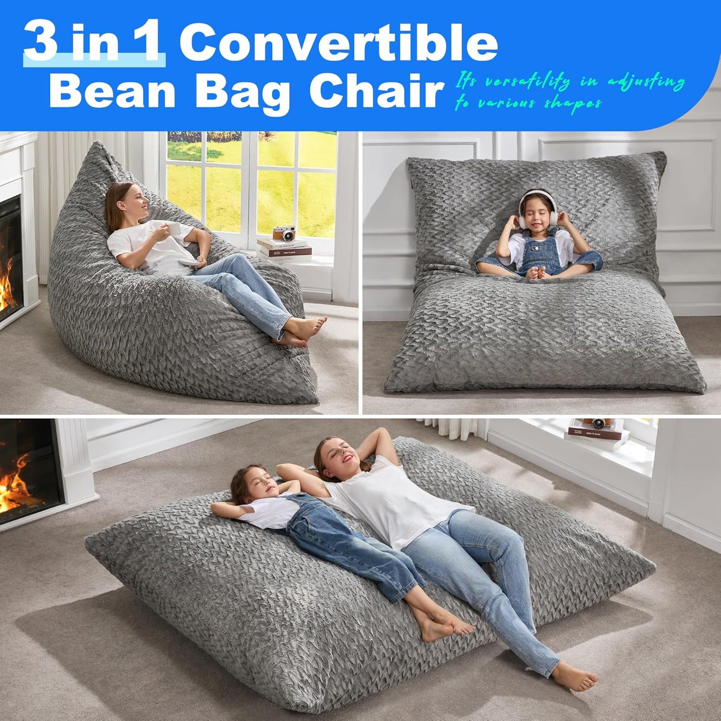 Hobestluk 3 in 1 Bean Bag Chair Giant Bean Bag Chairs for Adults with Chevron Plush Fur Cover Convertible Bean Bag Floor Cushion with Machine Washable Cover for Living Room (Chevron Plush Grey)