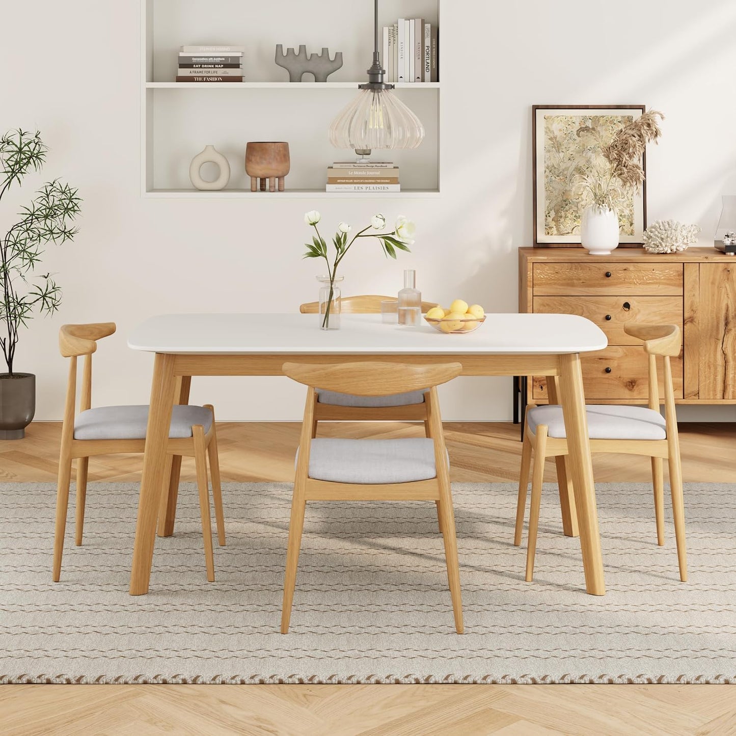 5-Piece Dining Set, Mid-Century Modern Solid Wood Table & Chair Set for 4, Kitchen, Dining Room, Restaurant, Natural Oak+Beige