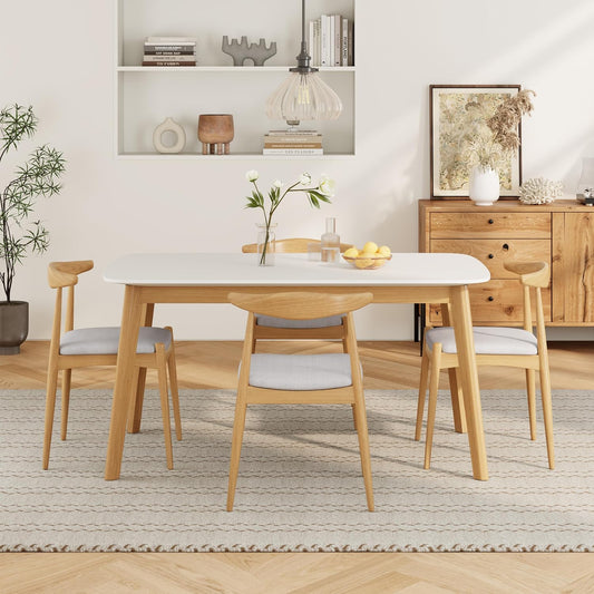 5-Piece Dining Set, Mid-Century Modern Solid Wood Table & Chair Set for 4, Kitchen, Dining Room, Restaurant, Natural Oak+Beige