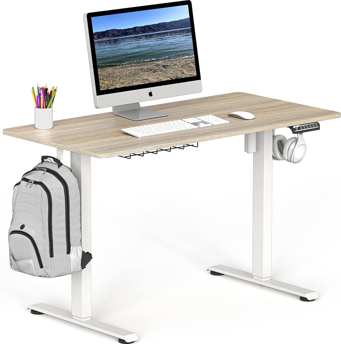 SHW 48-Inch Electric Height Adjustable Sit to Stand Desk with Hanging Hooks and Cable Management, White Frame and Maple Top