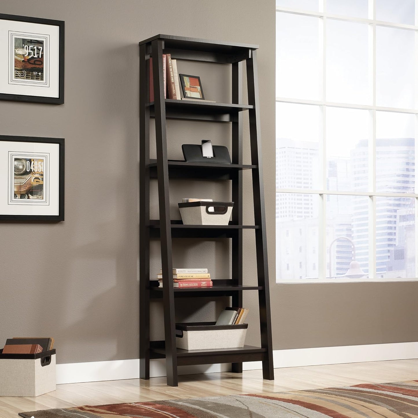 Sauder Trestle 5 Bookcase/Book Shelf, L: 23.54" x W: 16.61" x H: 71.14", Jamocha Wood
