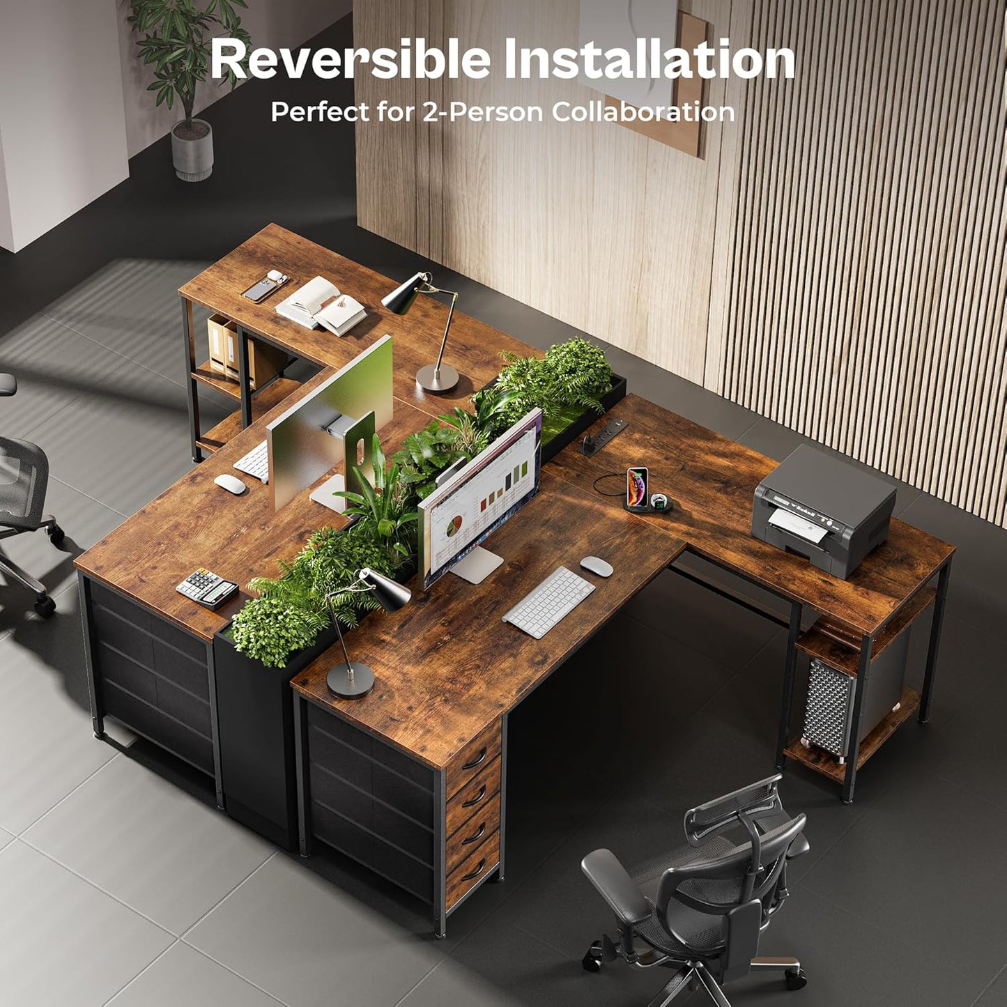 Huuger 55 Inch L Shaped Desk with Fabric Drawers, Reversible Computer Gaming Desk with Power Outlets and USB-C Port, Adjustable Side Storage Shelves, for Work Study Corner Home Office, Rustic Brown