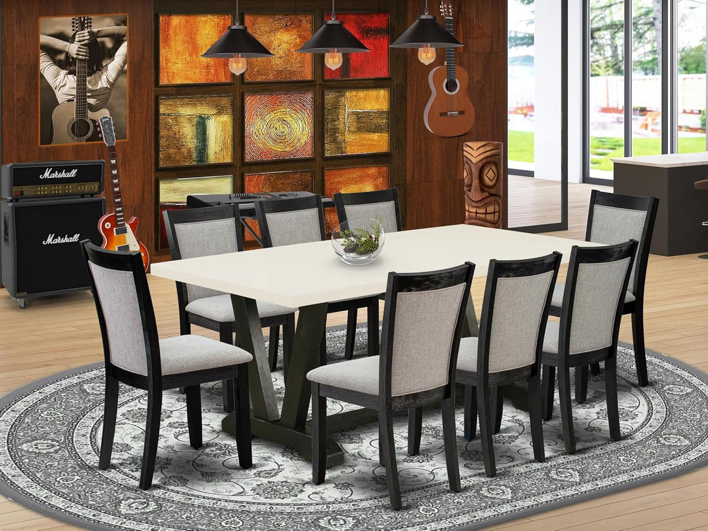 East West Furniture V627MZ606-9 9 Piece Dining Room Table Set Includes a Rectangle Dining Table with V-Legs and 8 Shitake Linen Fabric Upholstered Parson Chairs, 40x72 Inch, Multi-Color