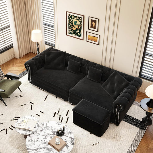 KEIKI 3-in-1 Velvet Chesterfield Sofa Bed with Ottoman, Convertible King Size Sleeper Couch, Rolled Arm Design, Comfortable 3-Seater for Living Room or Bedroom, Black