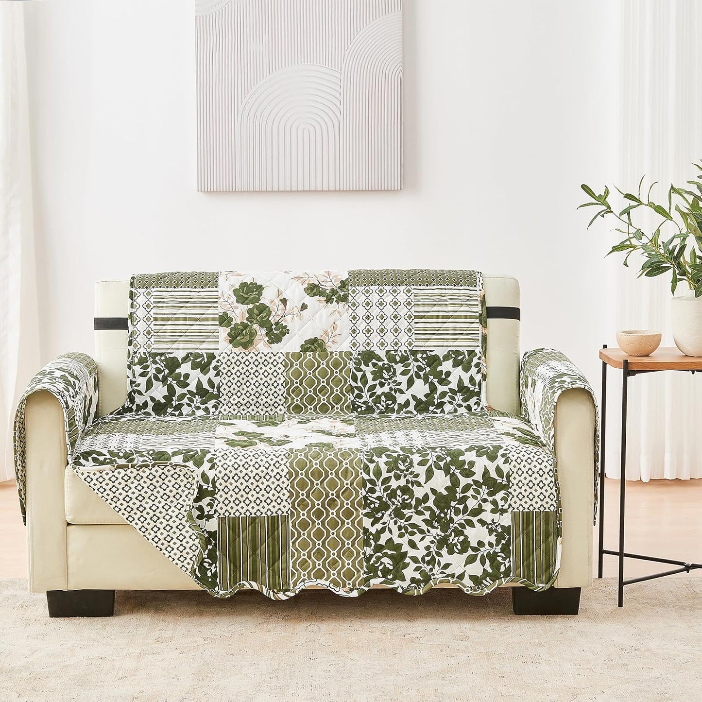 Great Bay Home Reversible Patchwork Loveseat Cover - Washable Slipcover Furniture Protector with Elastic Straps - Couch Cover for Dogs, Kids, and Pets - Box-Stitched Detail (Loveseat, Olive/Brown)