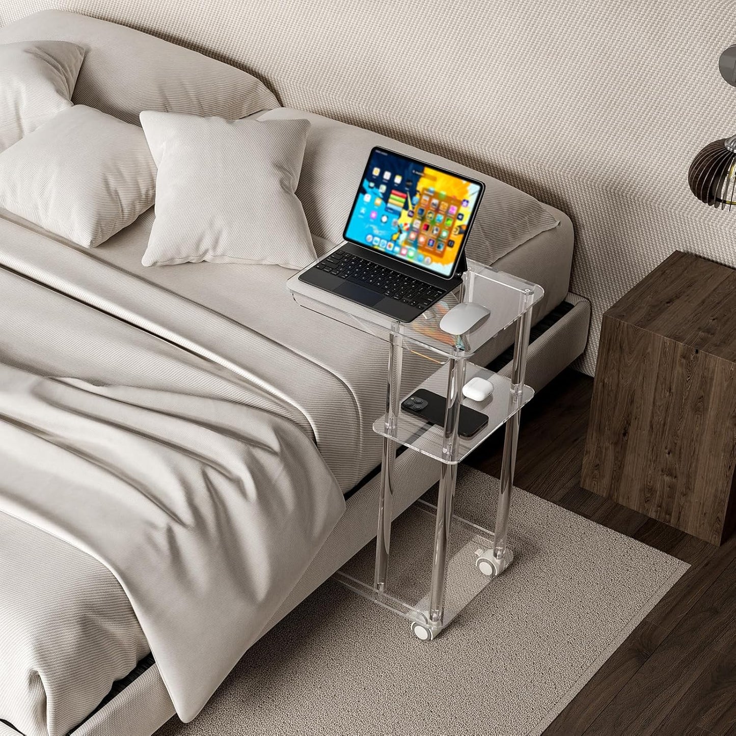 HMYHUM Acrylic C Shaped Table with Wheels, Clear Rolling Side/End Table for Couch, Living Room, Bedroom, Slide Under Sofa Table for Small Spaces, 15.6" L x 11.6" W x 27" H