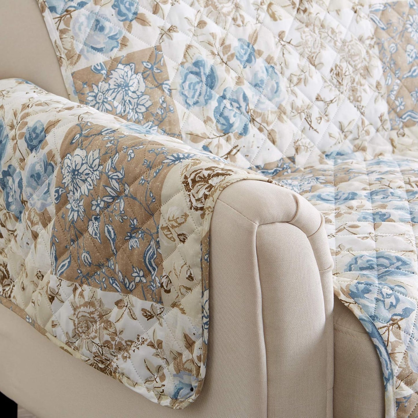 Great Bay Home Reversible Floral Patchwork Furniture Protector Scalloped Edge Stain Resistant Printed Furniture Protector Maribel Collection (Chair, Taupe/Blue)