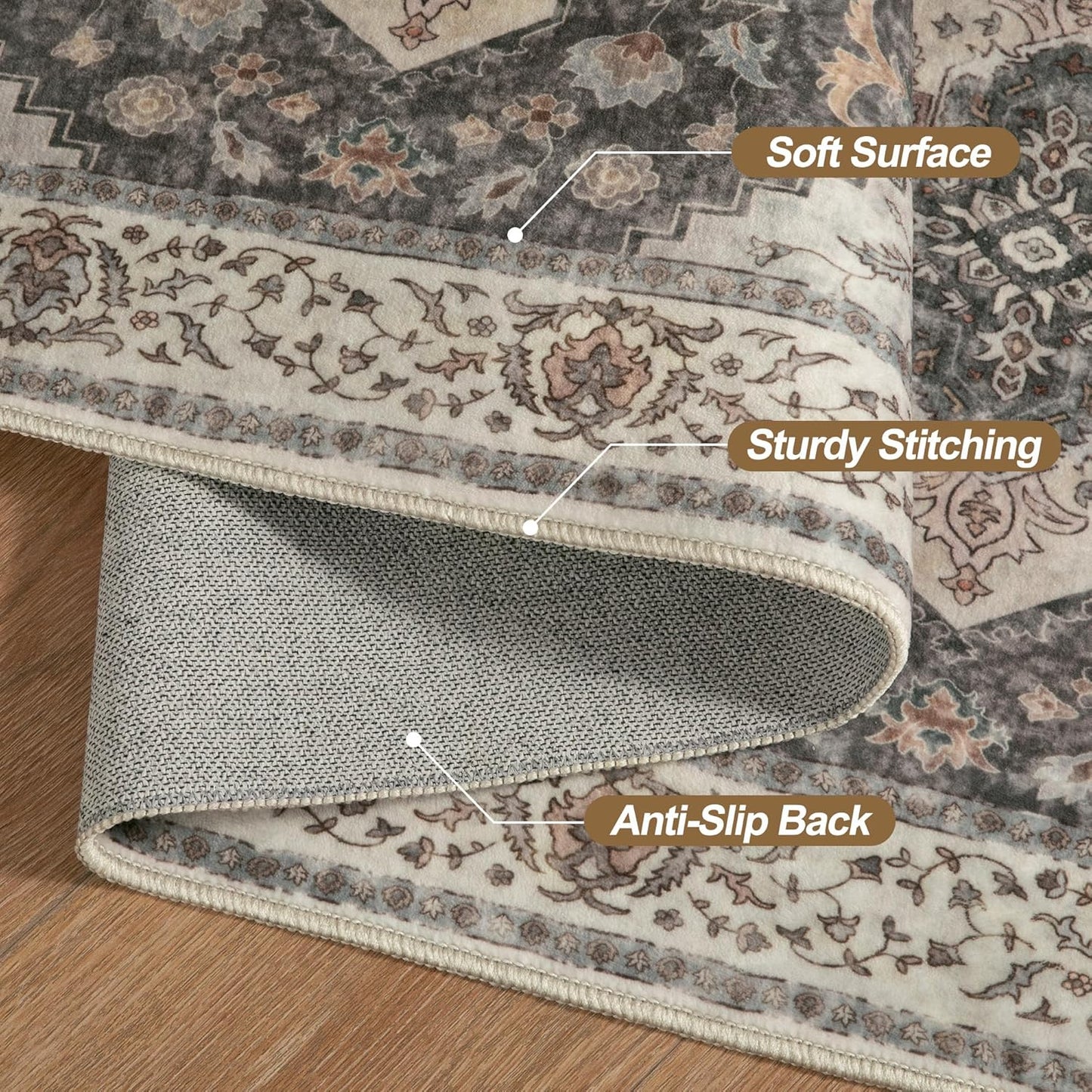 Tangsoo 2x3 Washable Rugs for Entryway, Vintage Non Slip Small Area Rug, Indoor Front Door Rug, Door Mat Small Carpet, Soft Low Pile Entry Rug for Entrance Kitchen Bedroom Print Distressed Grey/Brown