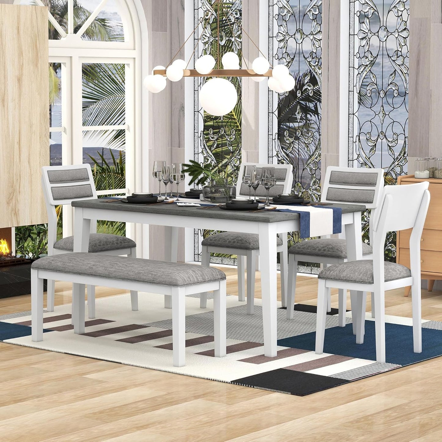 Ball & Cast 6-Piece Dining Table Set for 6,Kitchen Table Set W/ 4 Upholstered Chairs & 1 Bench,Living Room Furniture W/ 60" Rectangle Table & Foot Pad,for Dining Room,Kitchen,Restaurant,White+Gray