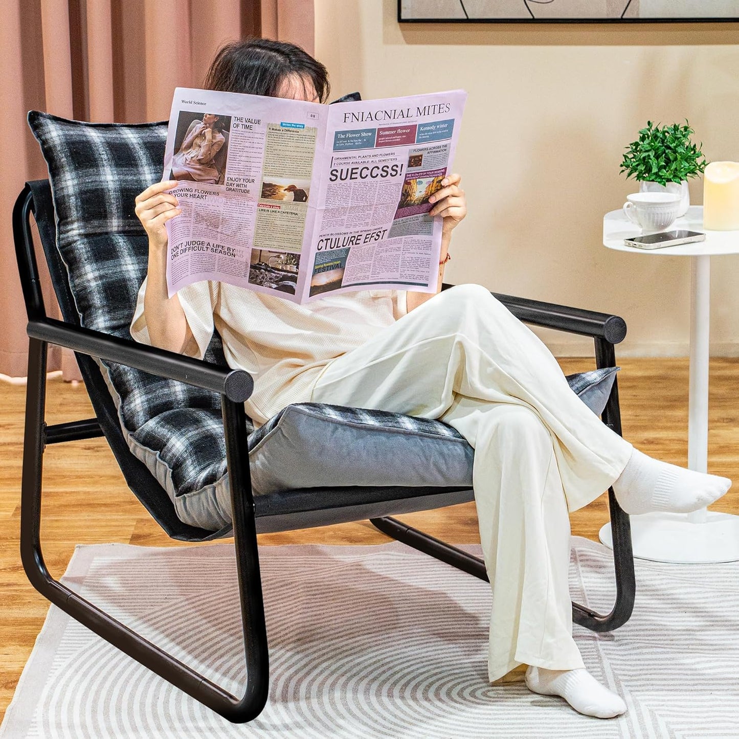 Plush Modern Accent Chair Single Comfy Chair for Bedroom — Ergonomic Lounge Chair with Stylish Upholstery, Space-Saving Design & Easy Assembly Plaid & Grey