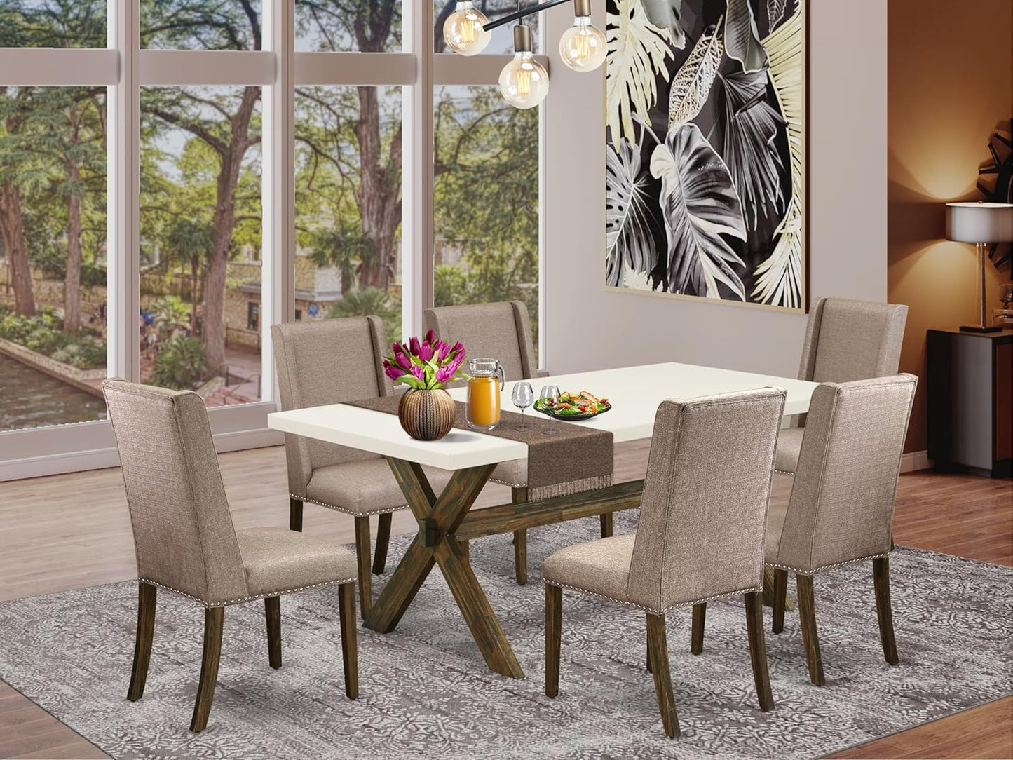East West Furniture X727FL716-7 7 Piece Dining Set Consist of a Rectangle Dining Room Table with X-Legs and 6 Dark Khaki Linen Fabric Upholstered Parson Chairs, 40x72 Inch, Multi-Color
