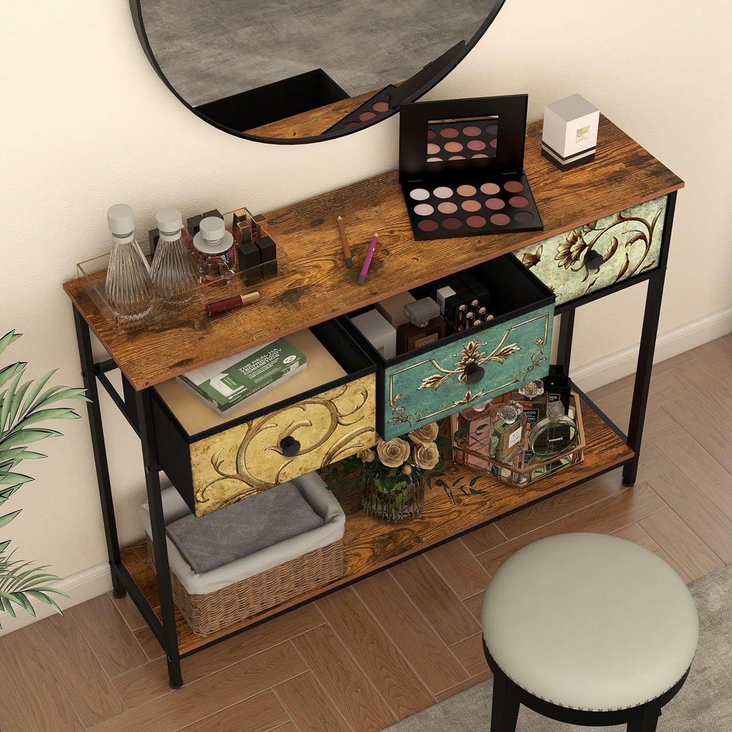 Tohomeor Entryway Console Table with 3 Retro Flowers Fabric Drawers Boho Narrow Long Behind Couch Sofa Table with Bottom Open Storage Shelf for Hallway Living Room Foyer (Rustic Brown, 3 Drawers)