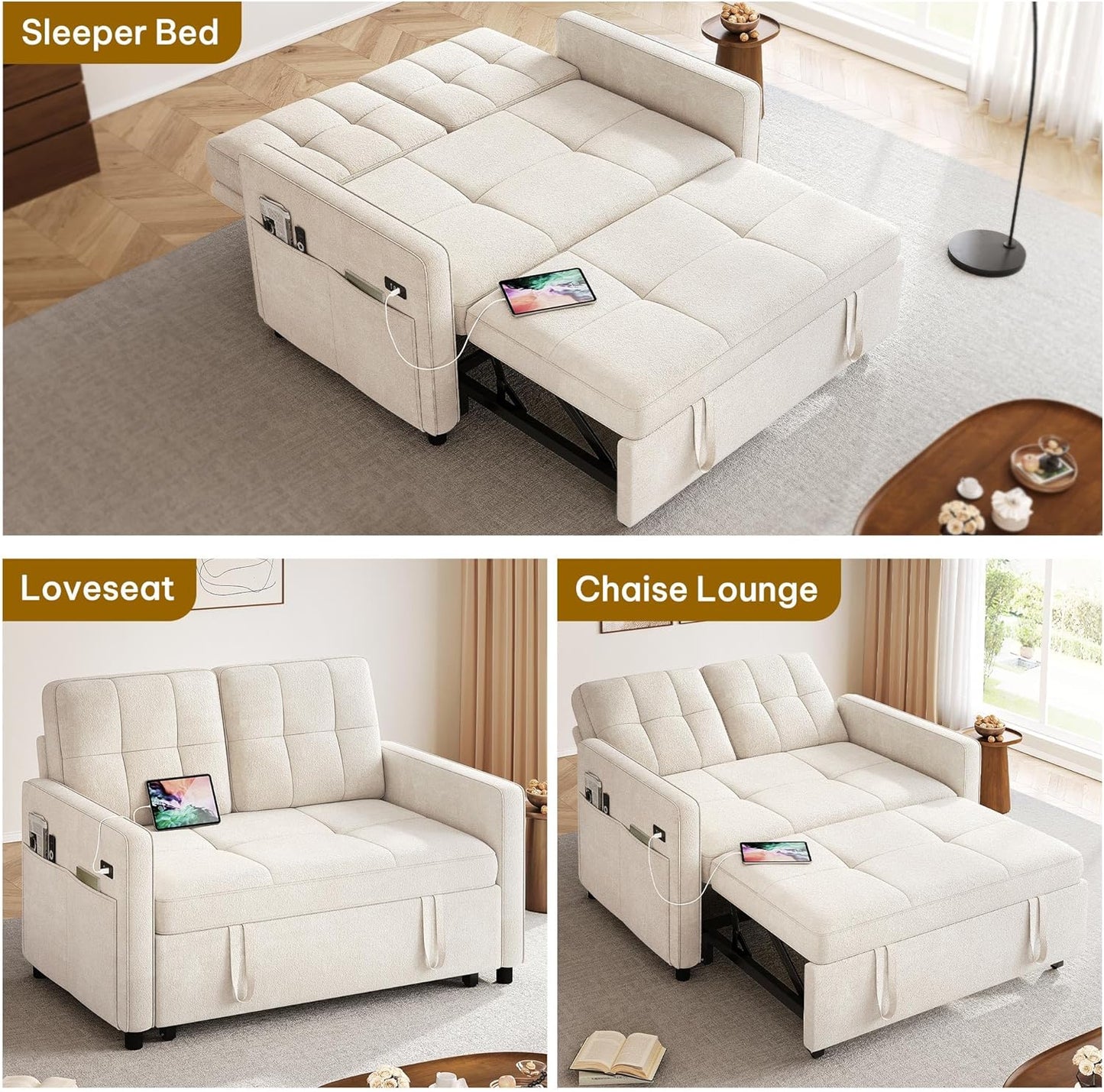 DWVO 55" Convertible Sofa Bed, 3-in-1 Sleeper Sofa with Pull-Out Couch, Velvet Futon Couch with Adjustable Backrest and USB, Modern Loveseat for Living Room Apartment, Light Beige