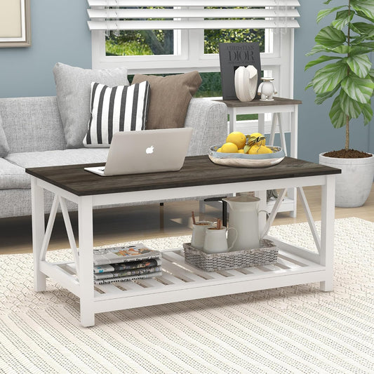 Farmhouse Coffee Table for Living Room, 2-Tier Rectangular Wooden Centre Cocktail Table with Slats Shelf Storage and V-Shaped Frame, Dark Oak