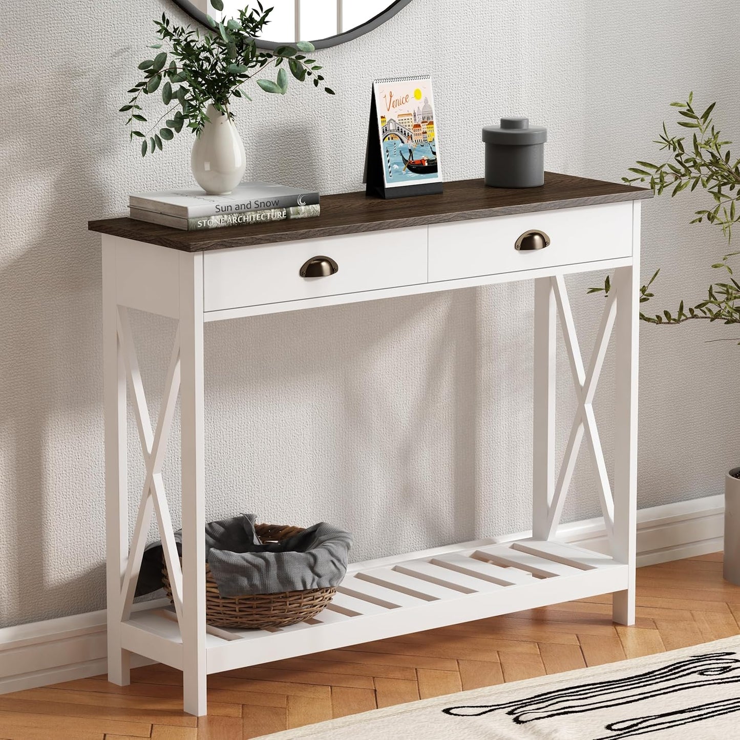 ChooChoo Farmhouse Console Table with Drawer for Entryway, Narrow Long Entry Table with Shelf for Living Room, Rustic Vintage Hallway Sofa Table with Stable X Supports, 40 White