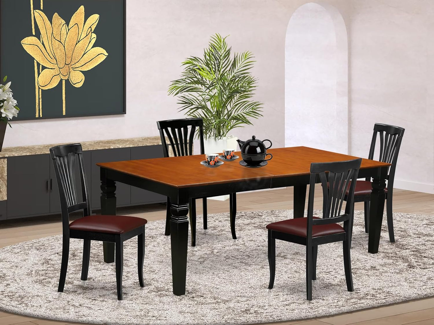 East West Furniture LGAV5-BCH-LC 5 Piece Kitchen Table Set Includes a Rectangle Dining Room Table with Butterfly Leaf and 4 Faux Leather Upholstered Chairs, 42x84 Inch, Black & Cherry