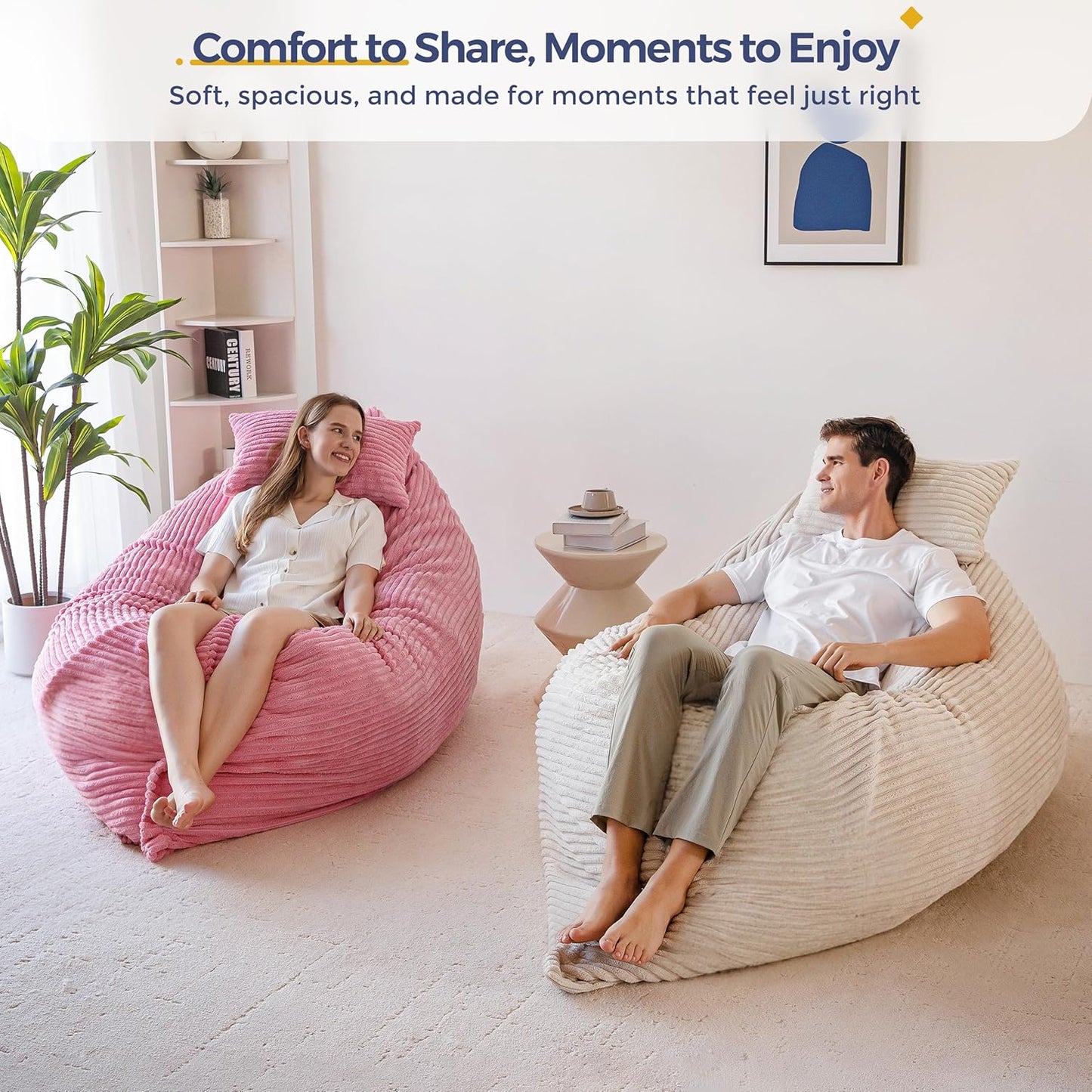 MAXYOYO Giant Bean Bag Chair with Pillow, 3 in 1 Convertible Bean Bag Chair for Adults with Washable Cover, Removable Floor Cushion Stuffed Floor Lounger for Living Room Bedroom, White, Full