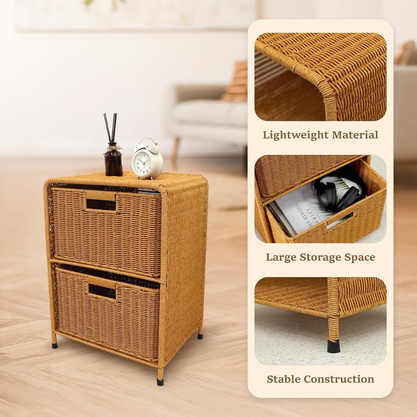 myHomeBody Wicker Nightstand with Drawers, Bed Side Table Bedroom, End Table with Storage, Small Storage Cabinet, Drawers for Bedroom, Latte
