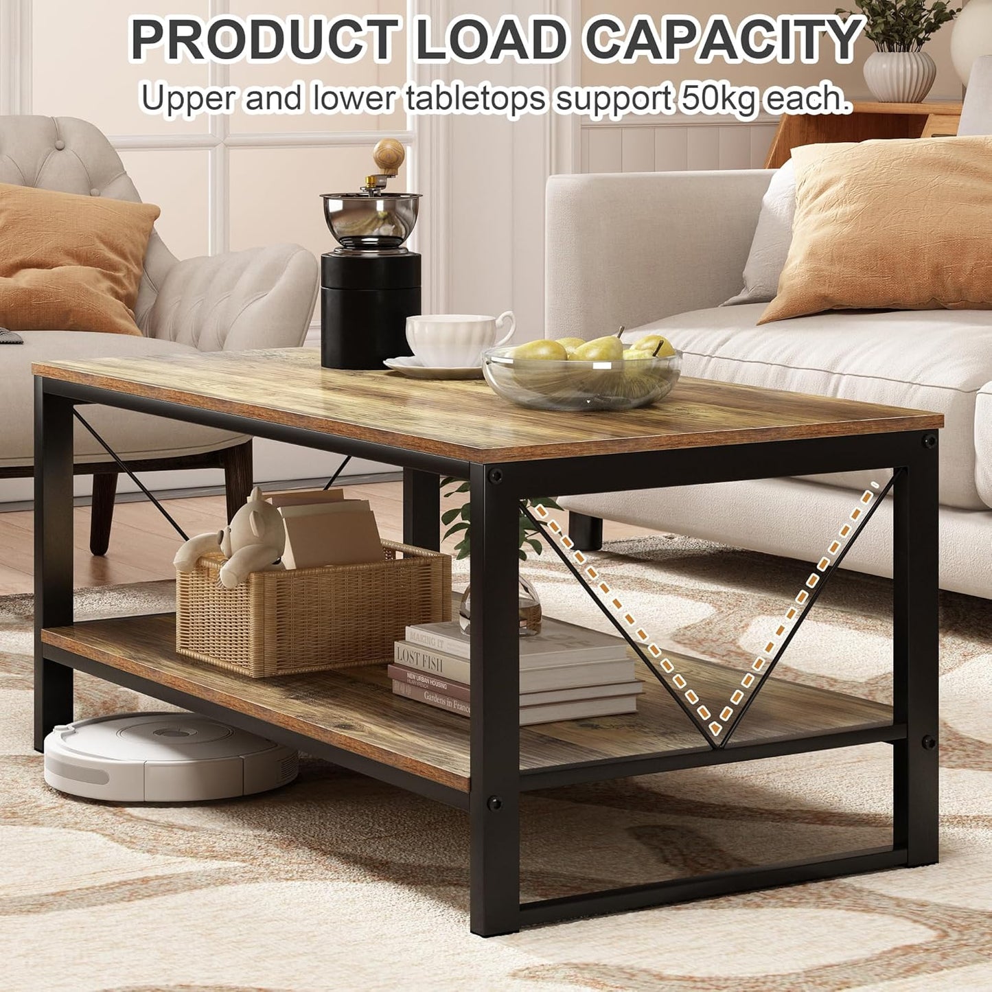 Rectangle Coffee Table Tea Table with Storage Shelf, Farmhouse Wooden Coffe Table for Living Room Table, 40" Rustic Center Table 2-Tier Minimalist Coffee Table Easy Assembly (Natural Wood)