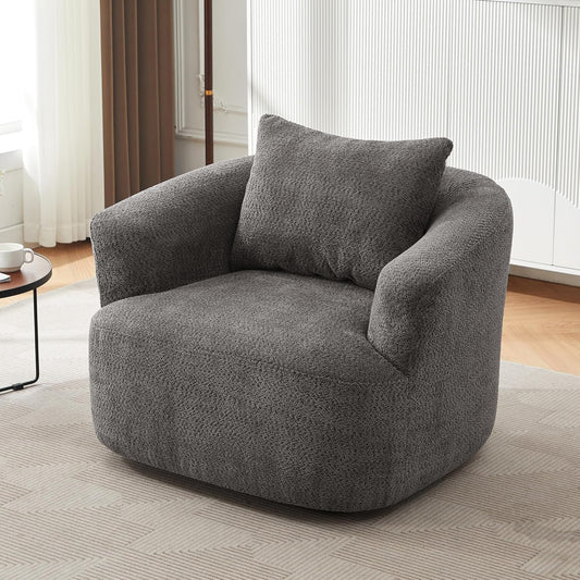 Merax Modern 360° Chenille Swivel Barrel Chair with A Throw Pillow & Armrest, Upholstered Cozy Single Round Sofa with Deep Seating for Living Room Bedroom,Office, Hotel, Easy Assemble, Grey