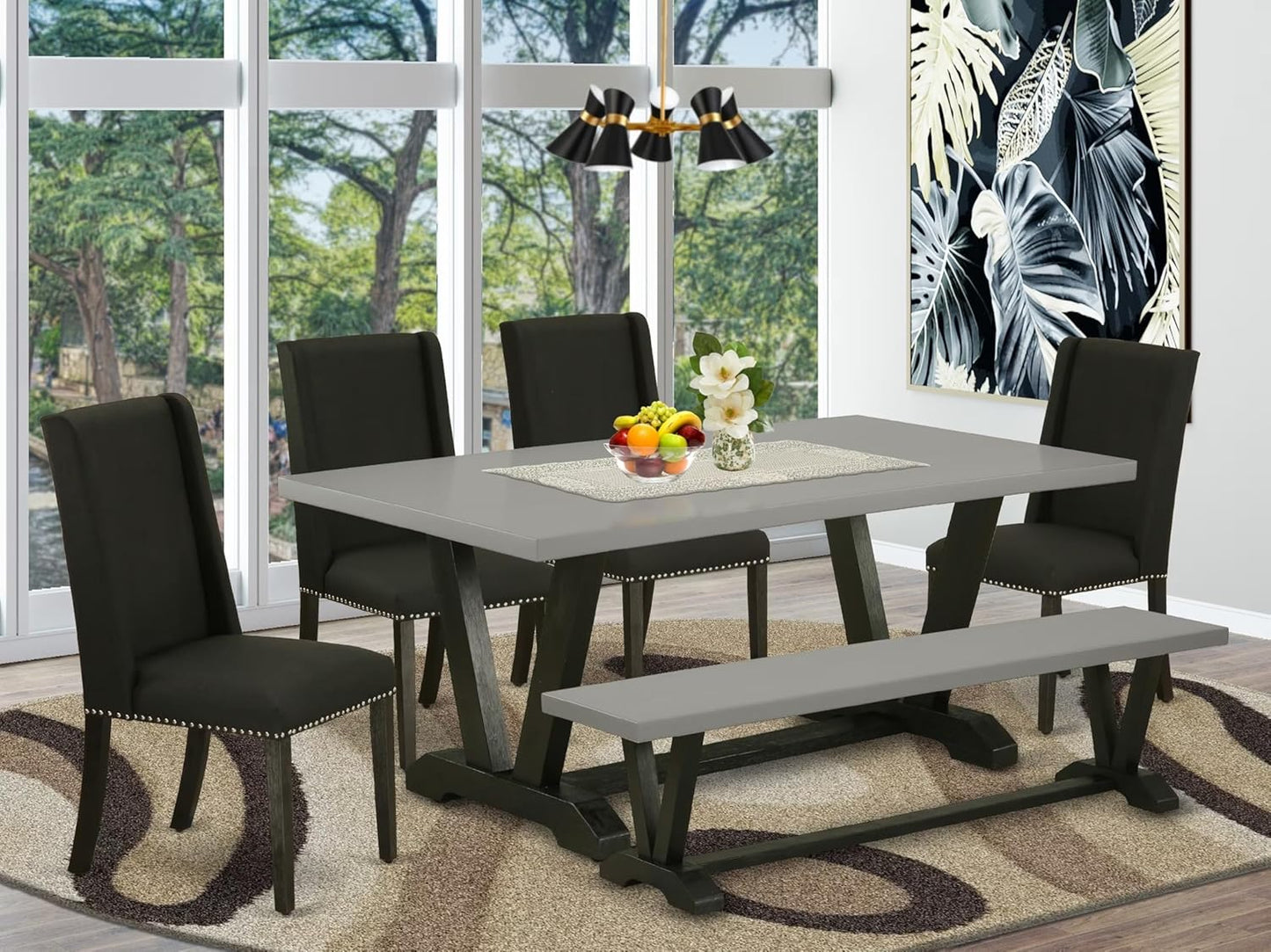 East West Furniture V697FL624-6 6 Piece Dining Table Set Contains a Rectangle Dining Room Table with V-Legs and 4 Black Linen Fabric Parson Chairs with a Bench, 40x72 Inch, Multi-Color