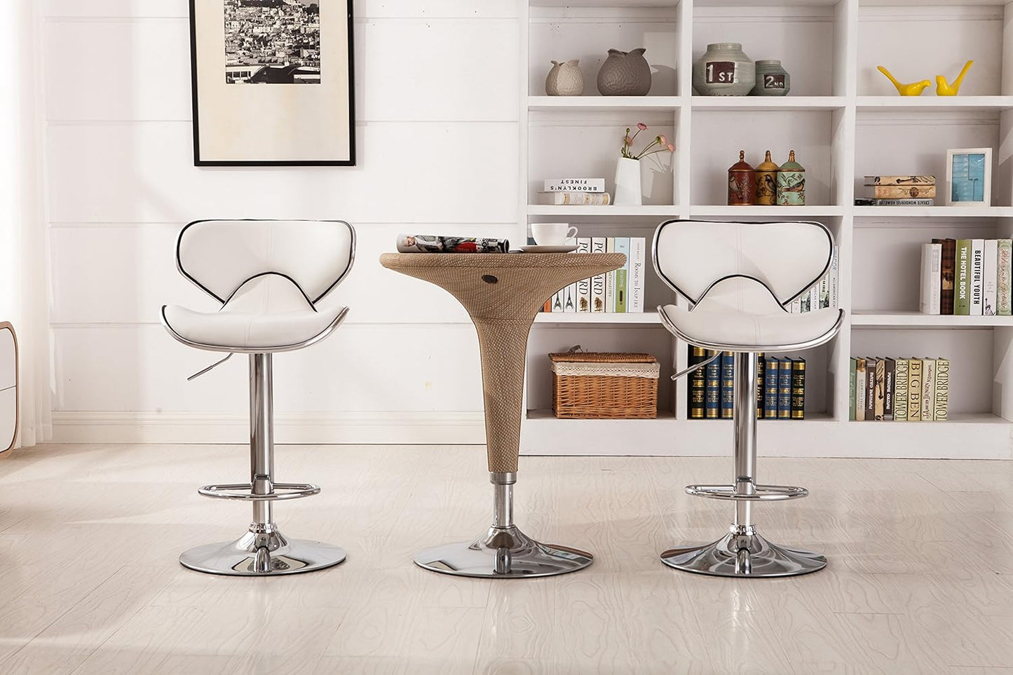 Roundhill Furniture Masaccio Cushioned Leatherette Upholstery Airlift Adjustable Swivel Barstool with Chrome Base, Set of 2, White