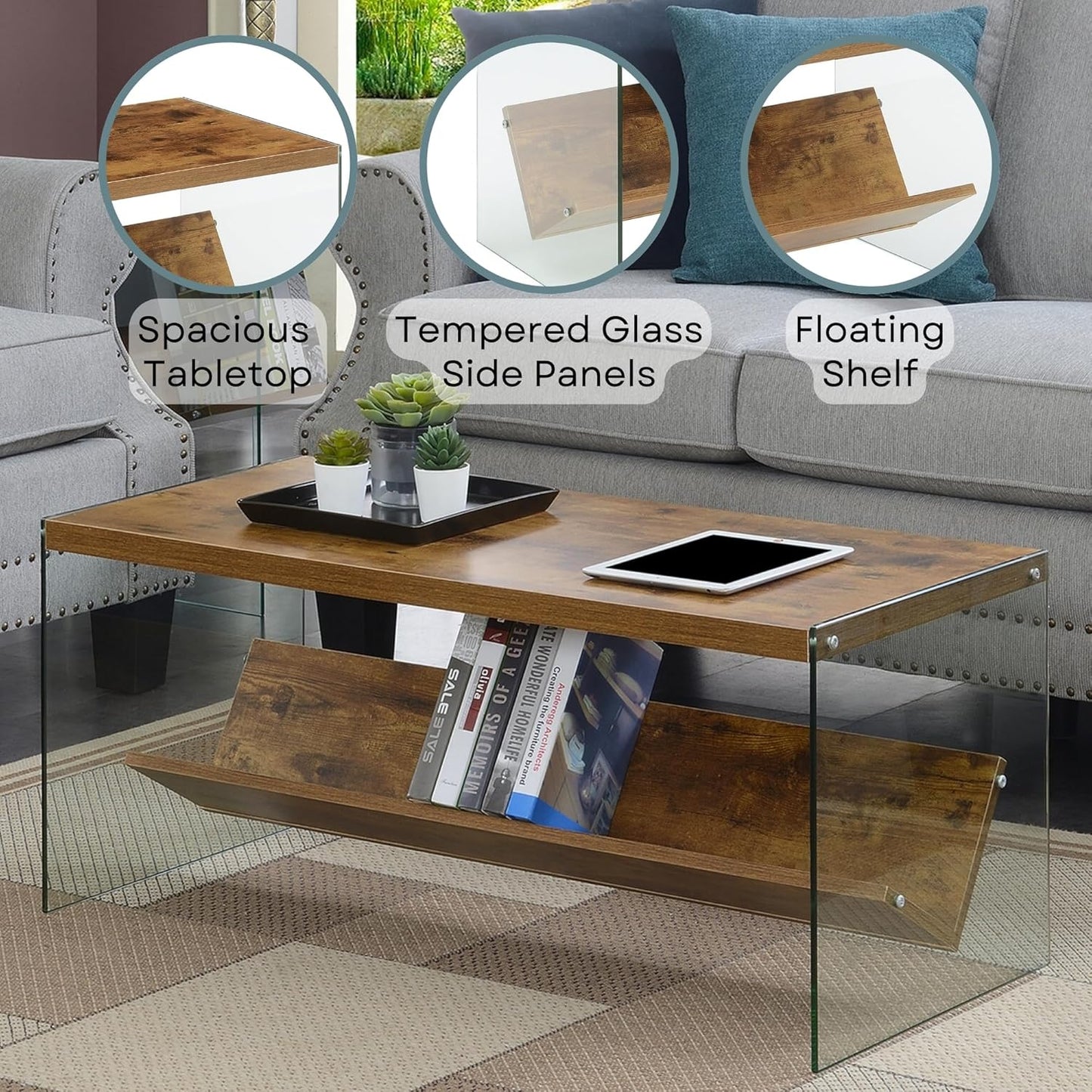 Convenience Concepts SoHo Glass Coffee Table 40" - Modern Living Room Table with Storage Shelf, Contemporary Coffee Table for Family Room, Barnwood