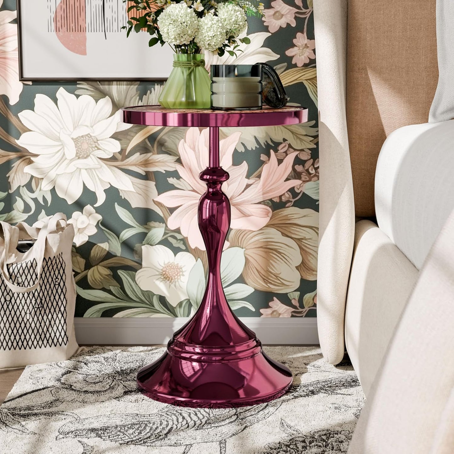 HOMES: Inside + Out Halric Modern 24" Tall Round End Table with Decorated Tabletop and Iron Metal Base, Accent Furniture, Elegant Pedestal Stand for Living Room, Home Office, Chrome Purple