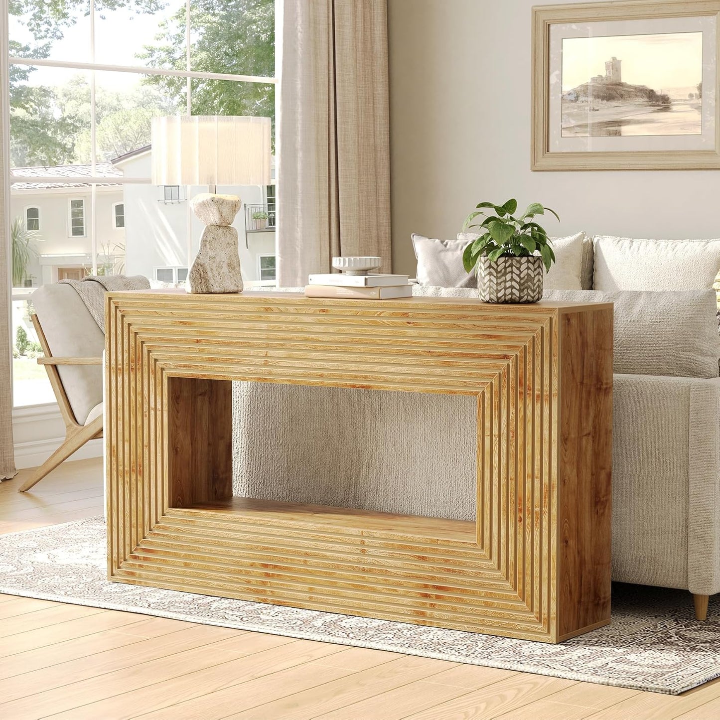 LITTLE TREE 59-Inch Console Table with Storage, 2-Tier Farmhouse Fluted Sofa Table Behind Couch, Large Narrow Entryway Furniture for Living Room, Foyer (Light Walnut)