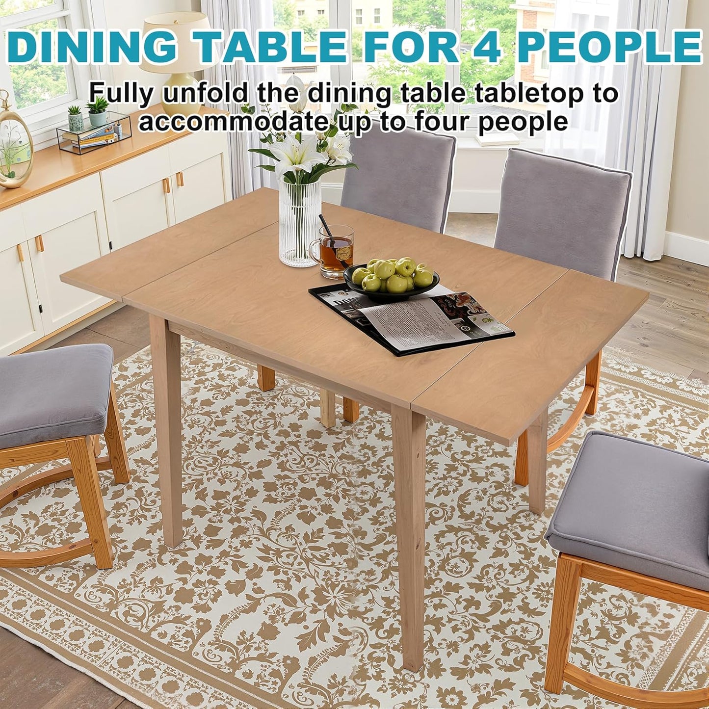 29"- 45" Extendable Dining Table for 2-4, Folding Square Dinner Table Small Kitchen Dining Room Tables with Wood Legs for Small Space, Kitchen, Living Room, Natural