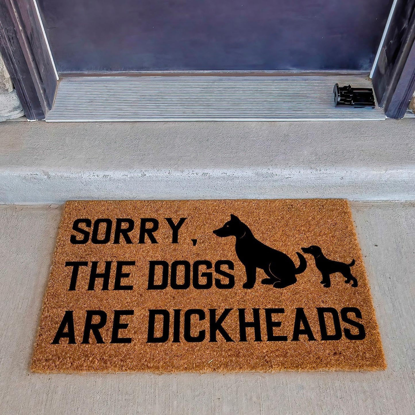 Funny Coir Doormat Sorry The Dogs are Dickheads Front Door Mat Entryway Outdoor Mats with Heavy Duty Front Porch Welcome Mats Coconut Brown House Warming Gift Mat Outdoor Decor Rugs 23.7x15.7 inch