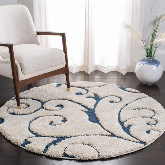 SAFAVIEH Florida Shag Collection Area Rug - 11' Round, Cream & Blue, Scroll Design, Non-Shedding & Easy Care, 1.2-inch Thick Ideal for High Traffic Areas in Living Room, Bedroom (SG455-1165)