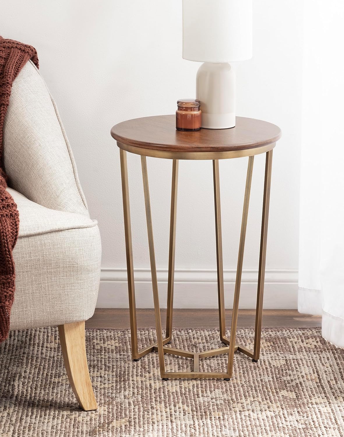 Kate and Laurel Solvay Round Metal and Wood Side Table; 16 x 16 x 24; Walnut and Antique Brass; Mid-Century Modern Bedroom Nightstand Table with Solid Mango Wood Tabletop and Iron Base