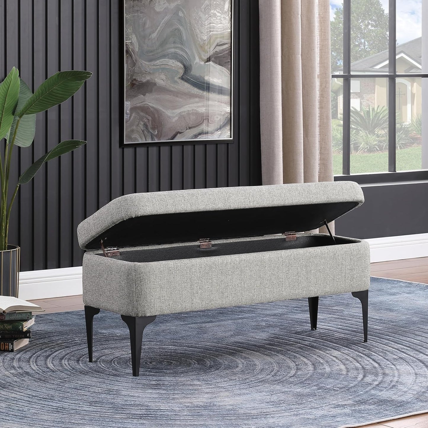 HomePop Upholstered Storage Bench with Metal Leg Home Décor|Bench with Storage for Living Room & Entryway - Sustainable Gray Woven