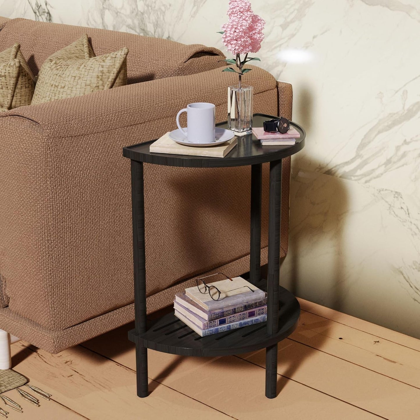 End Table, Half Moon Side Tables, Living Room Half Round 2 Tier Table for Small Space, Living Room Bedroom Couch Tables with Storage Shelf (Black)